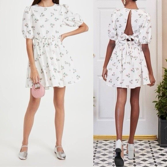 Sister Jane Dream White Floral Embroidered Taffeta Puff Sleeve Tie Back Dress XL - Picture 1 of 7
